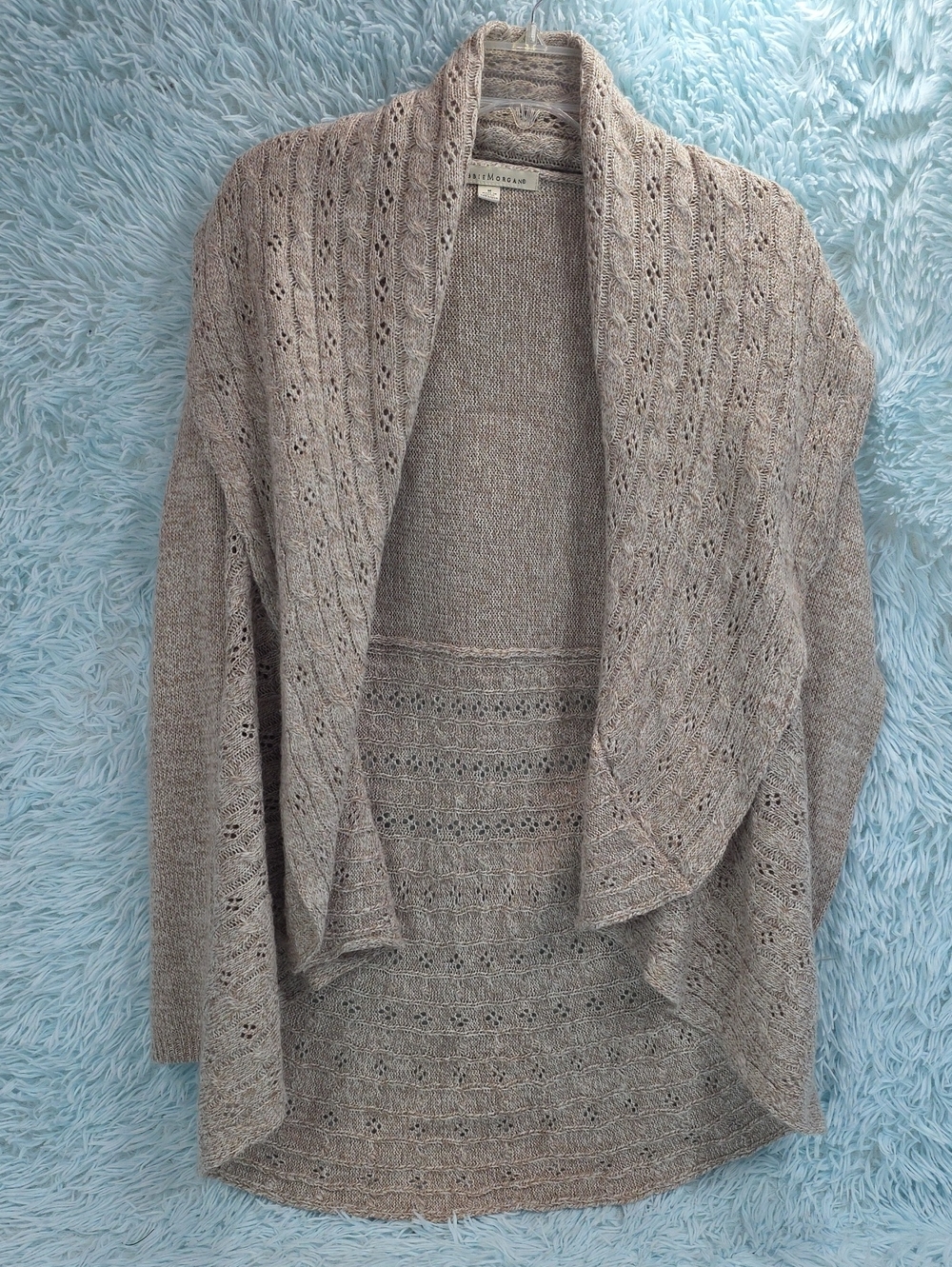 DEBBIE MORGAN Taupe Pointelle Open Front Cardigan Sweater M